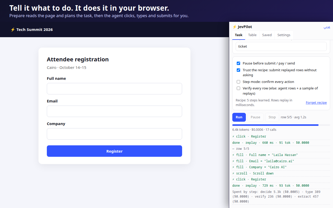 JevPilot side panel running a task next to a registration form